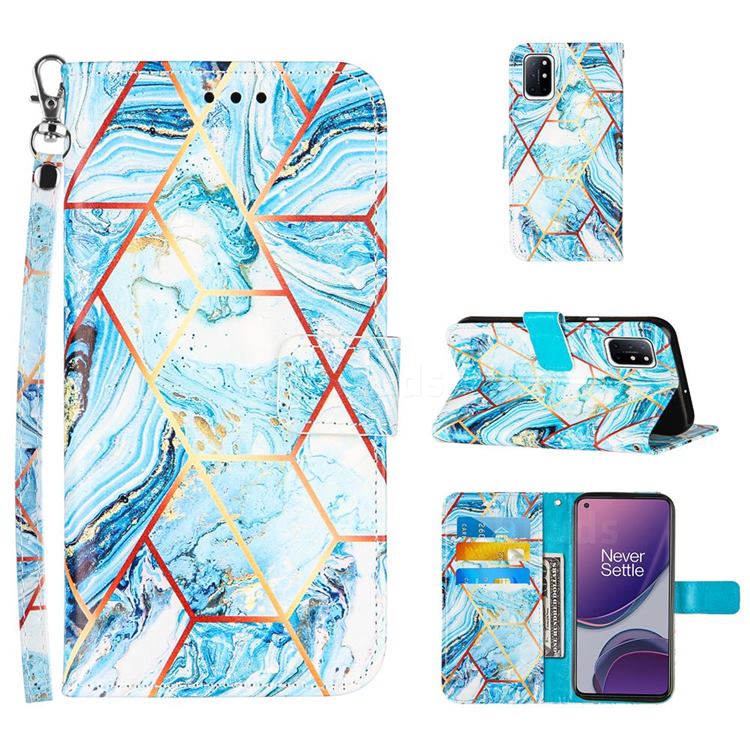 Lake Blue Stitching Color Marble Leather Wallet Case for OnePlus 8T