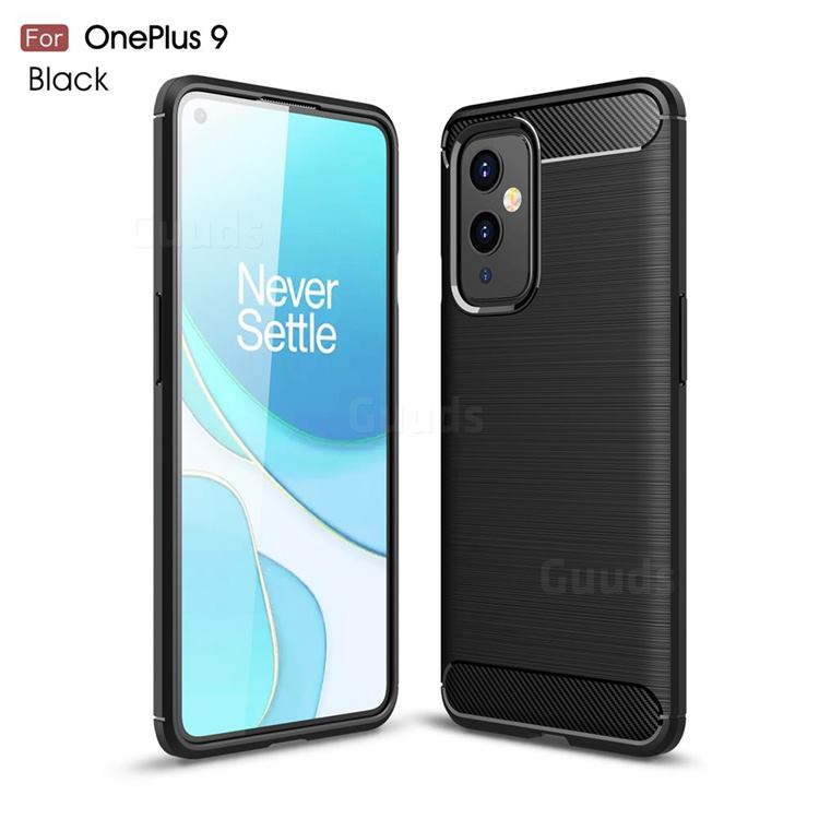 Luxury Carbon Fiber Brushed Wire Drawing Silicone TPU Back Cover for OnePlus 9 - Black