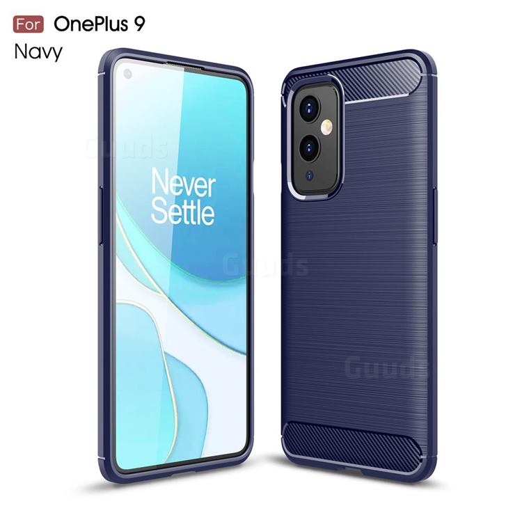 Luxury Carbon Fiber Brushed Wire Drawing Silicone TPU Back Cover for OnePlus 9 - Navy
