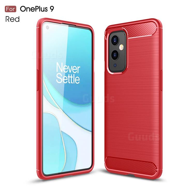 Luxury Carbon Fiber Brushed Wire Drawing Silicone TPU Back Cover for OnePlus 9 - Red