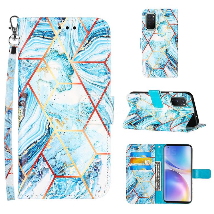 Lake Blue Stitching Color Marble Leather Wallet Case for OnePlus 9