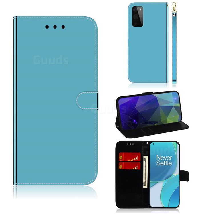 Shining Mirror Like Surface Leather Wallet Case for OnePlus 9 - Blue