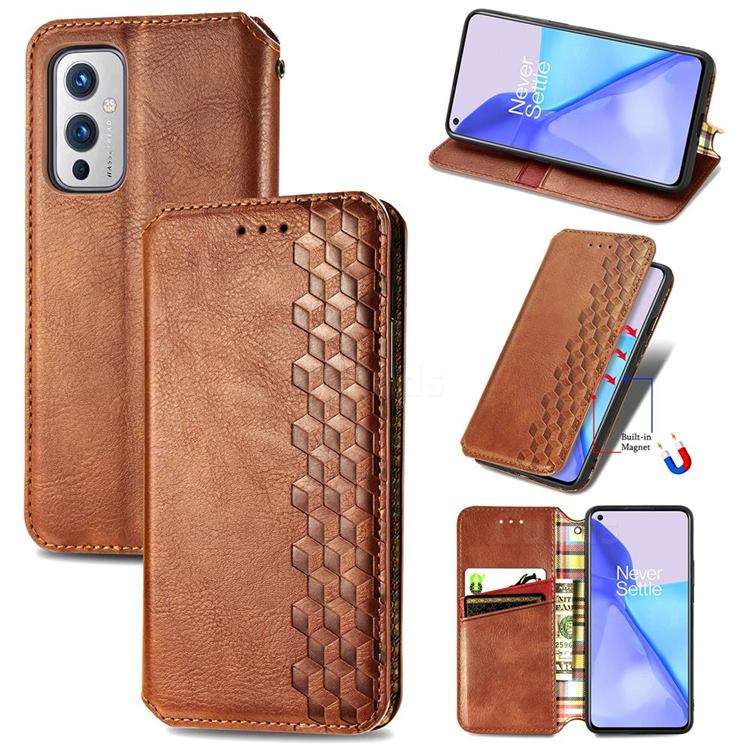 Ultra Slim Fashion Business Card Magnetic Automatic Suction Leather Flip Cover for OnePlus 9 - Brown