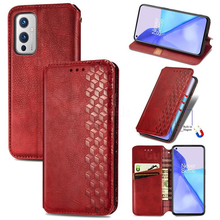 Ultra Slim Fashion Business Card Magnetic Automatic Suction Leather Flip Cover for OnePlus 9 - Red