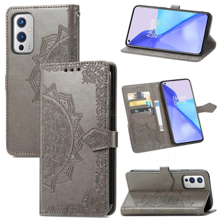 Embossing Imprint Mandala Flower Leather Wallet Case for OnePlus 9 - Gray