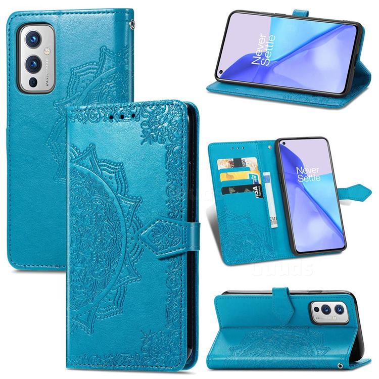 Embossing Imprint Mandala Flower Leather Wallet Case for OnePlus 9 - Blue