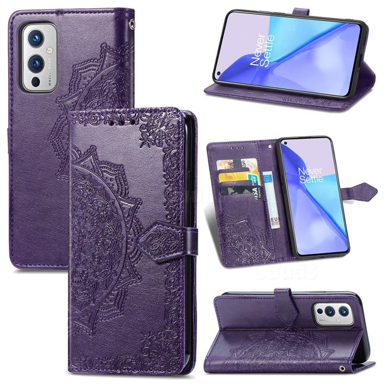 Embossing Imprint Mandala Flower Leather Wallet Case for OnePlus 9 - Purple