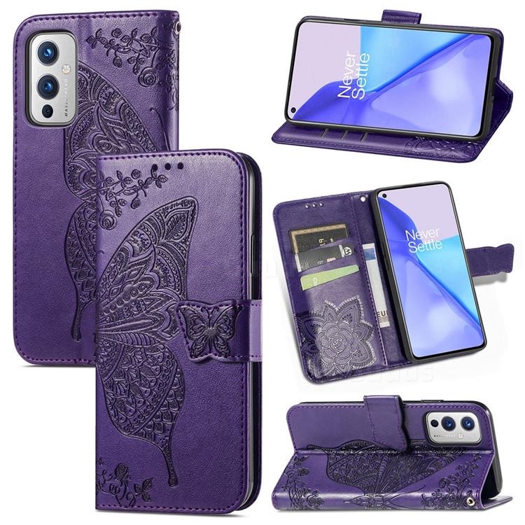 Embossing Mandala Flower Butterfly Leather Wallet Case for OnePlus 9 - Dark Purple