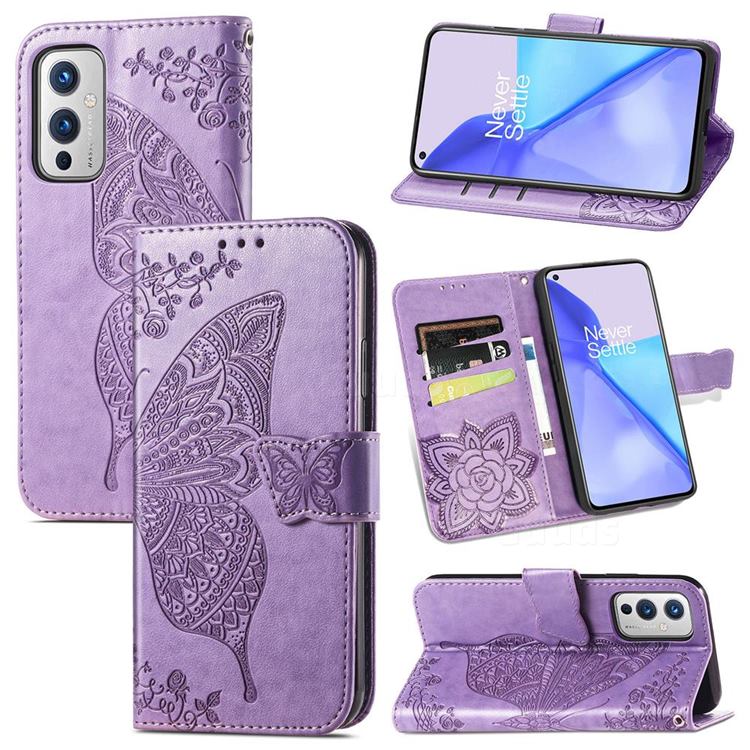 Embossing Mandala Flower Butterfly Leather Wallet Case for OnePlus 9 - Light Purple