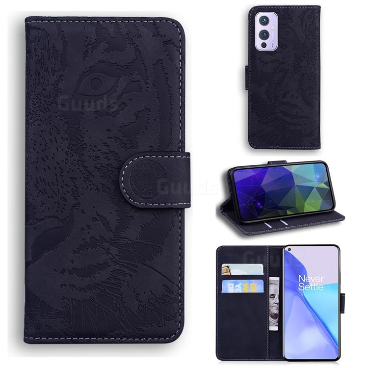 Intricate Embossing Tiger Face Leather Wallet Case for OnePlus 9 - Black