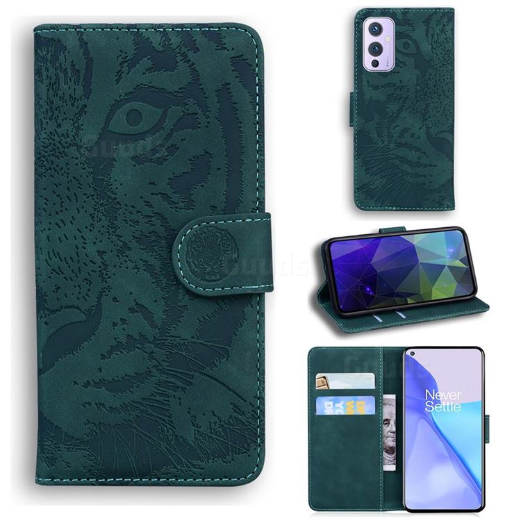 Intricate Embossing Tiger Face Leather Wallet Case for OnePlus 9 - Green