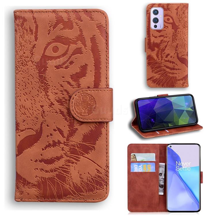 Intricate Embossing Tiger Face Leather Wallet Case for OnePlus 9 - Brown