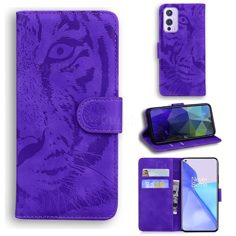 Intricate Embossing Tiger Face Leather Wallet Case for OnePlus 9 - Purple