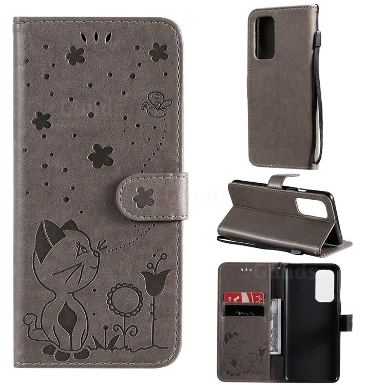 Embossing Bee and Cat Leather Wallet Case for OnePlus 9 - Gray