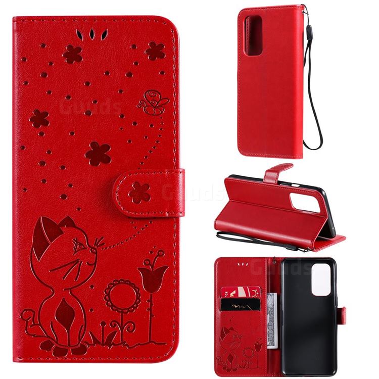 Embossing Bee and Cat Leather Wallet Case for OnePlus 9 - Red