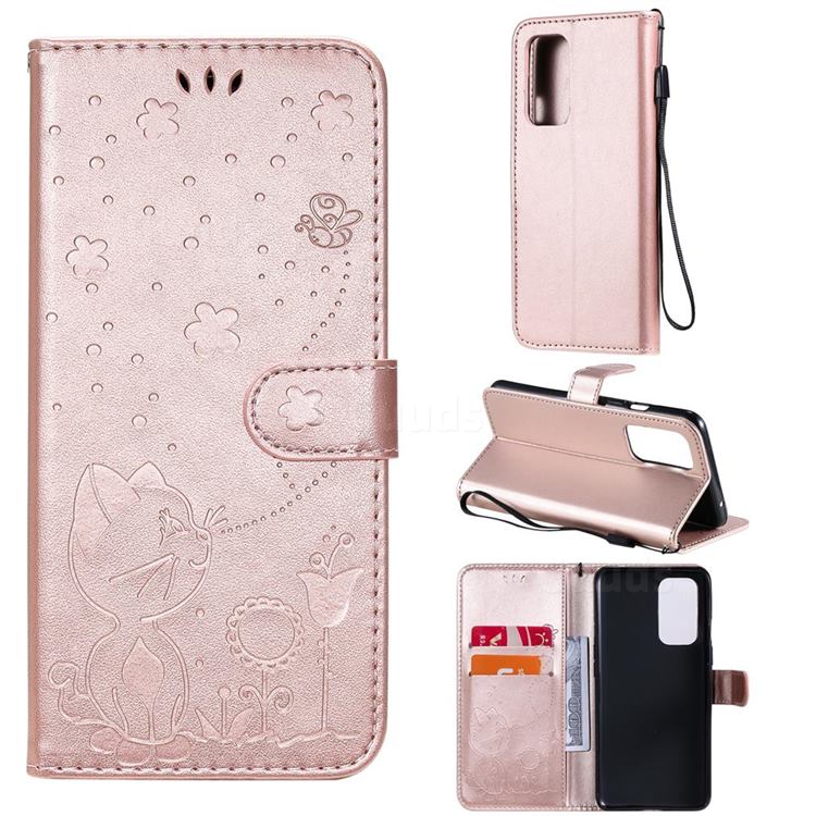 Embossing Bee and Cat Leather Wallet Case for OnePlus 9 - Rose Gold