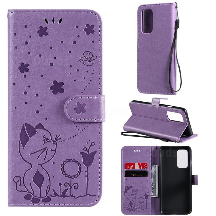 Embossing Bee and Cat Leather Wallet Case for OnePlus 9 - Purple