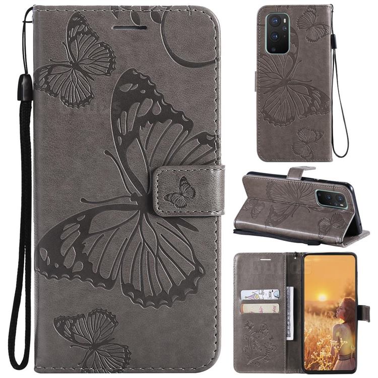 Embossing 3D Butterfly Leather Wallet Case for OnePlus 9 - Gray