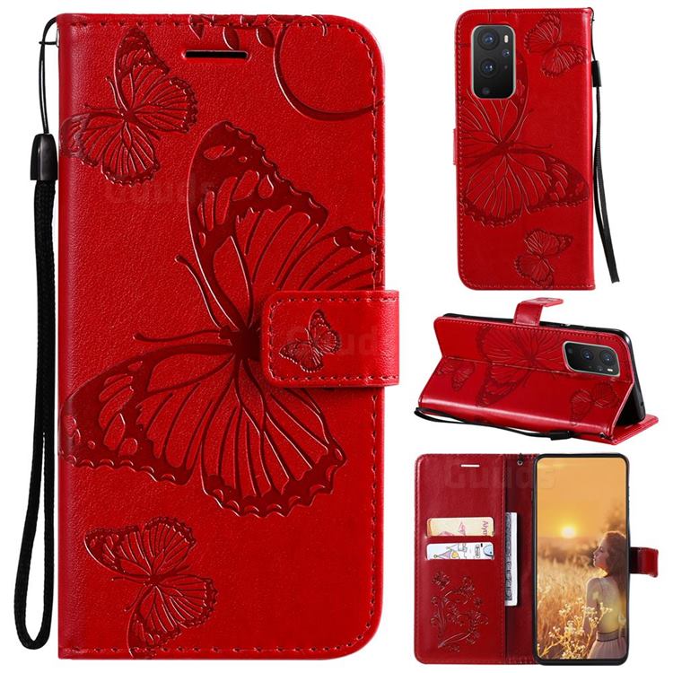 Embossing 3D Butterfly Leather Wallet Case for OnePlus 9 - Red