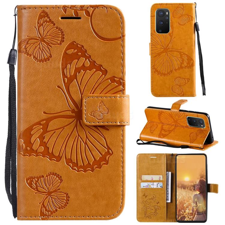 Embossing 3D Butterfly Leather Wallet Case for OnePlus 9 - Yellow