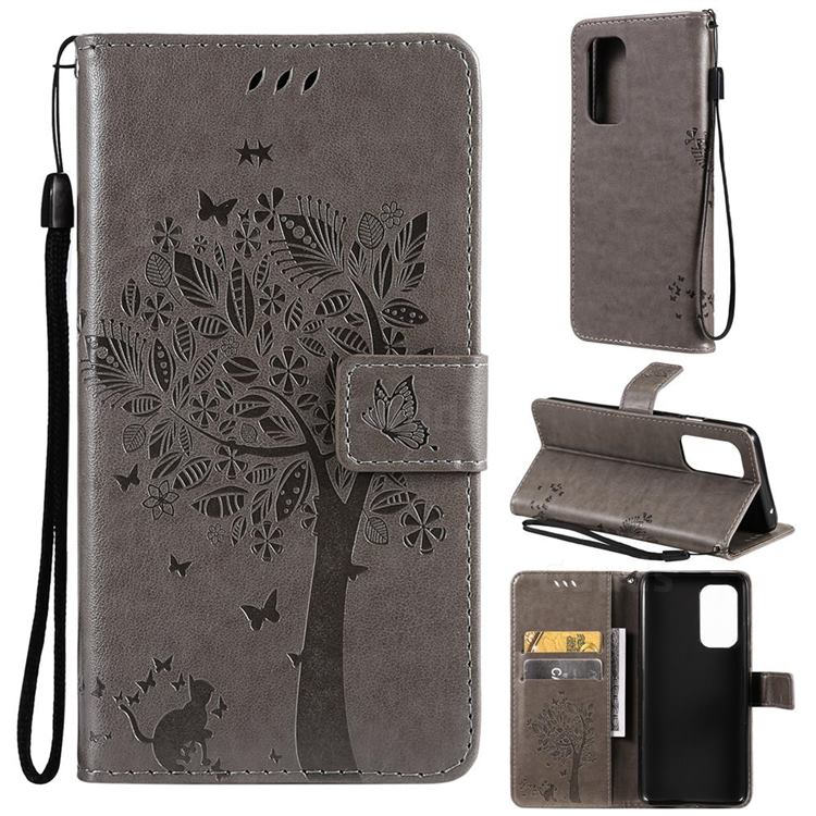Embossing Butterfly Tree Leather Wallet Case for OnePlus 9 - Grey