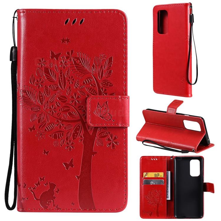 Embossing Butterfly Tree Leather Wallet Case for OnePlus 9 - Red