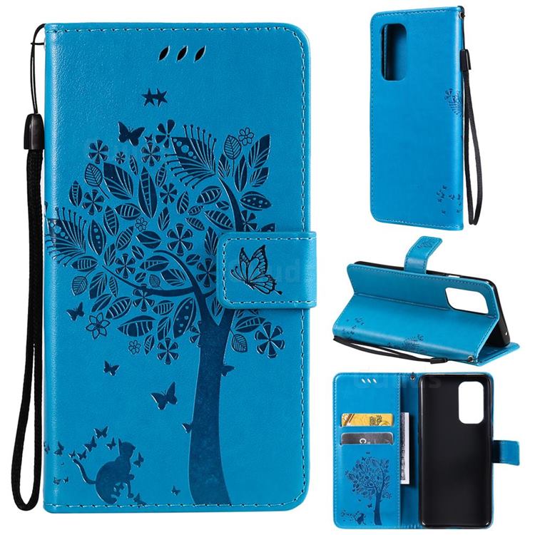 Embossing Butterfly Tree Leather Wallet Case for OnePlus 9 - Blue