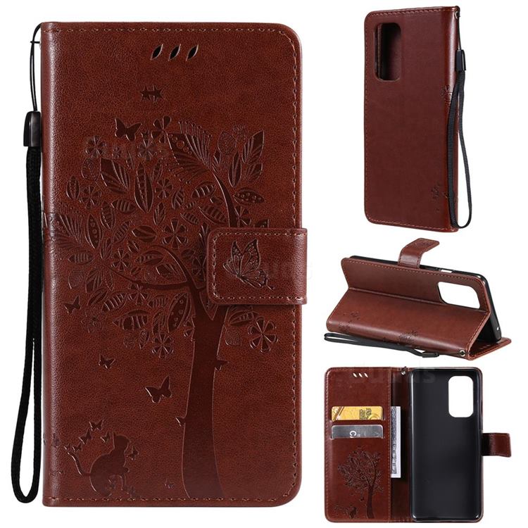 Embossing Butterfly Tree Leather Wallet Case for OnePlus 9 - Coffee