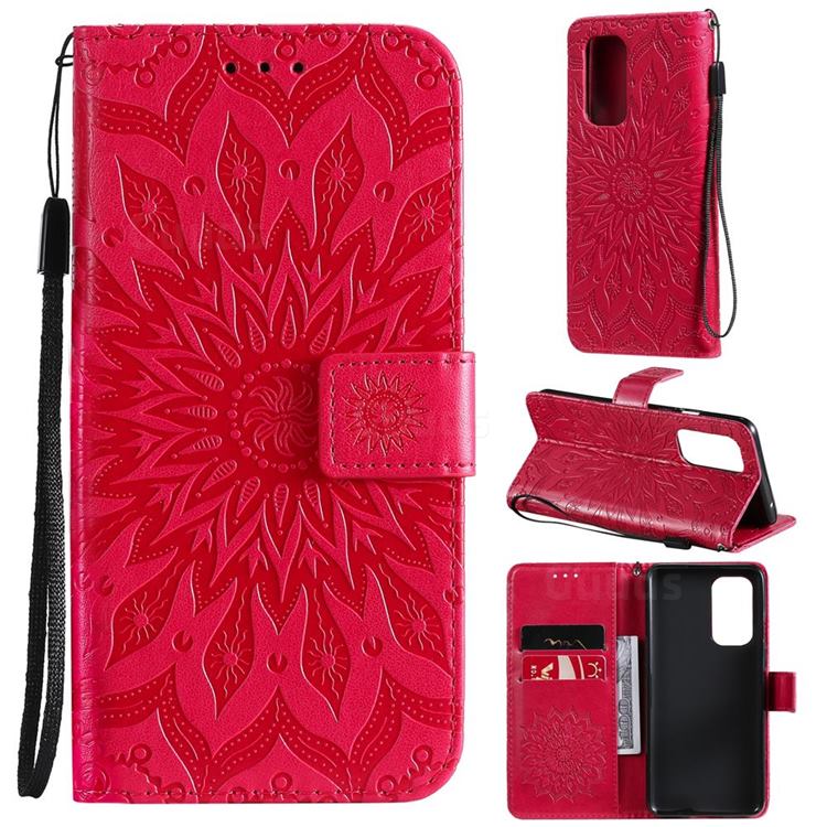 Embossing Sunflower Leather Wallet Case for OnePlus 9 - Red