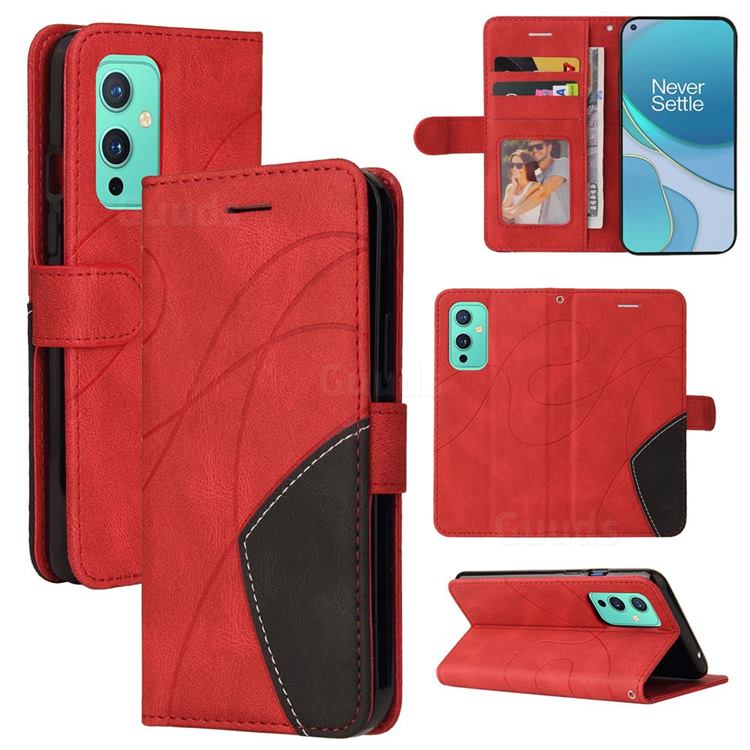 Luxury Two-color Stitching Leather Wallet Case Cover for OnePlus 9 - Red