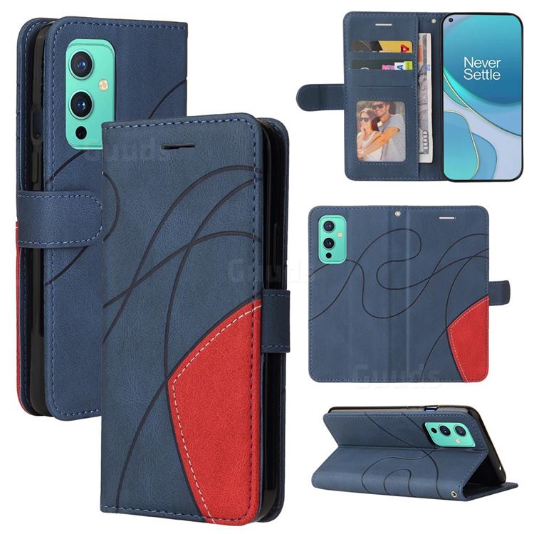 Luxury Two-color Stitching Leather Wallet Case Cover for OnePlus 9 - Blue