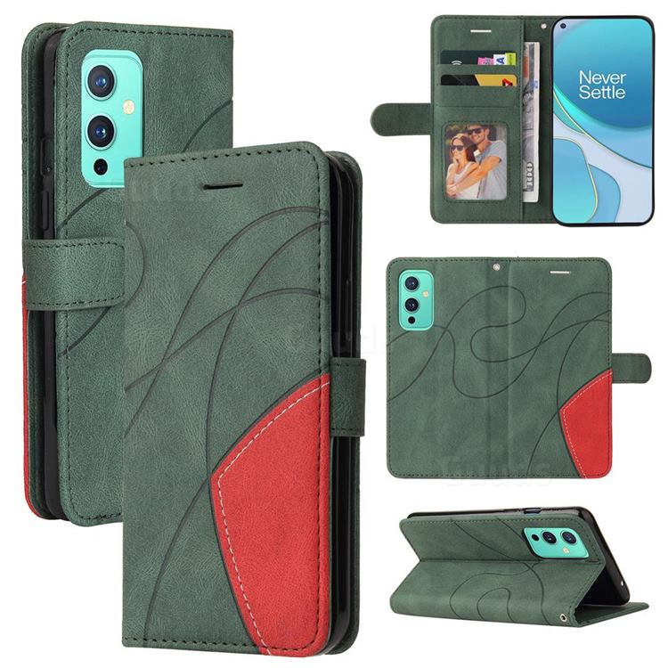 Luxury Two-color Stitching Leather Wallet Case Cover for OnePlus 9 - Green