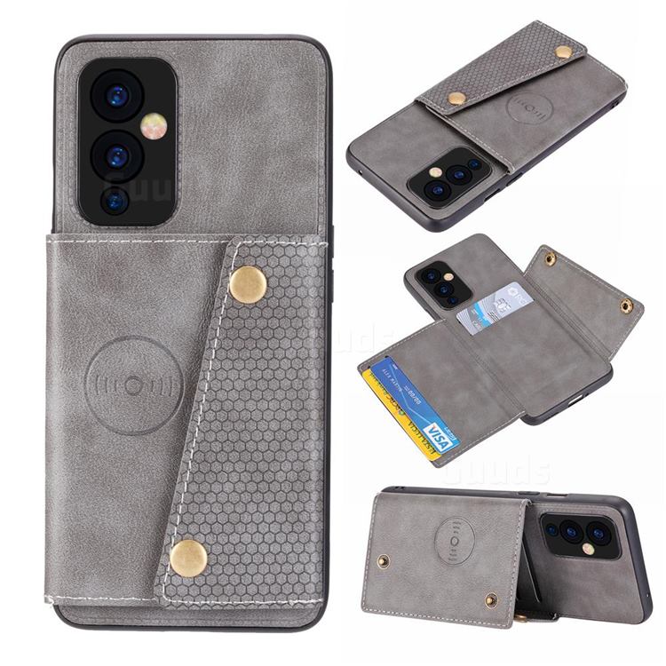 Retro Multifunction Card Slots Stand Leather Coated Phone Back Cover for OnePlus 9 - Gray