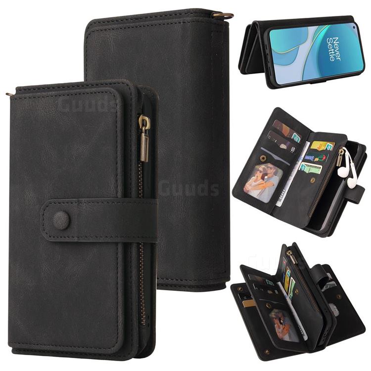 Luxury Multi-functional Zipper Wallet Leather Phone Case Cover for OnePlus 9 - Black