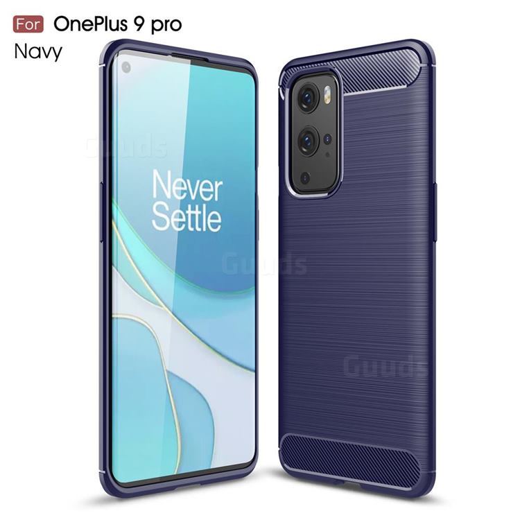 Luxury Carbon Fiber Brushed Wire Drawing Silicone TPU Back Cover for OnePlus 9 Pro - Navy
