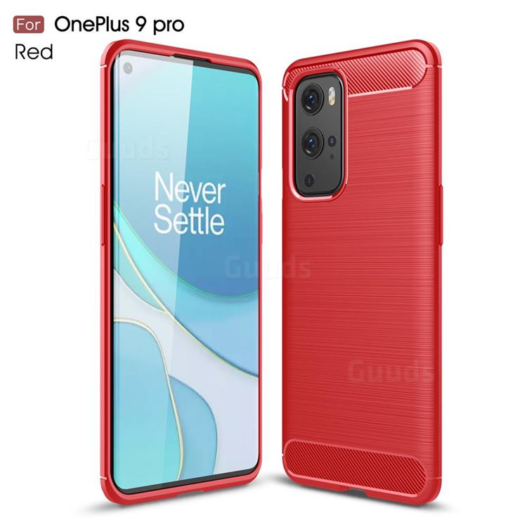 Luxury Carbon Fiber Brushed Wire Drawing Silicone TPU Back Cover for OnePlus 9 Pro - Red