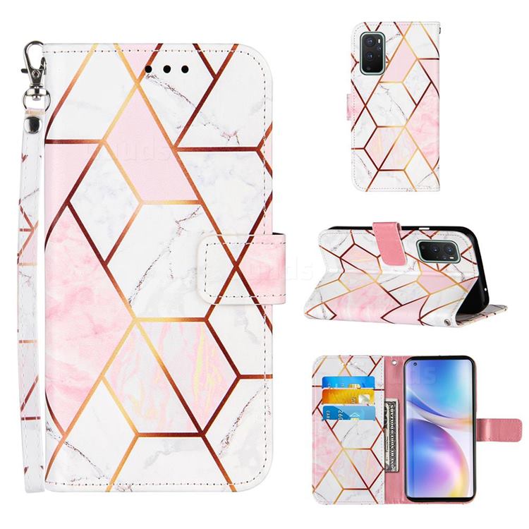 Pink White Stitching Color Marble Leather Wallet Case for OnePlus 9 Pro