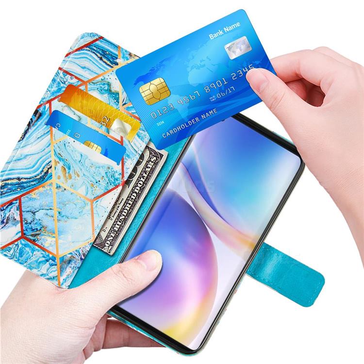 Lake Blue Stitching Color Marble Leather Wallet Case for OnePlus 9 Pro ...