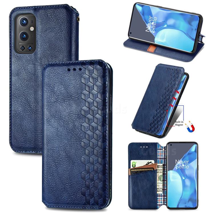 Ultra Slim Fashion Business Card Magnetic Automatic Suction Leather Flip Cover for OnePlus 9 Pro - Dark Blue