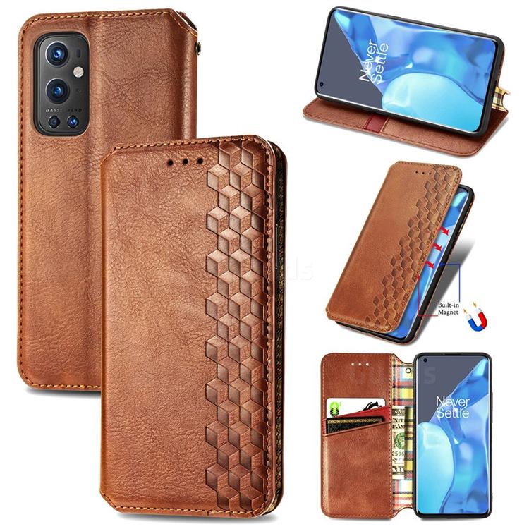 Ultra Slim Fashion Business Card Magnetic Automatic Suction Leather Flip Cover for OnePlus 9 Pro - Brown