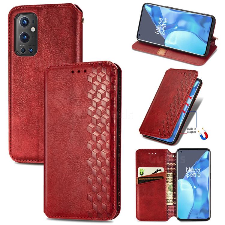 Ultra Slim Fashion Business Card Magnetic Automatic Suction Leather Flip Cover for OnePlus 9 Pro - Red