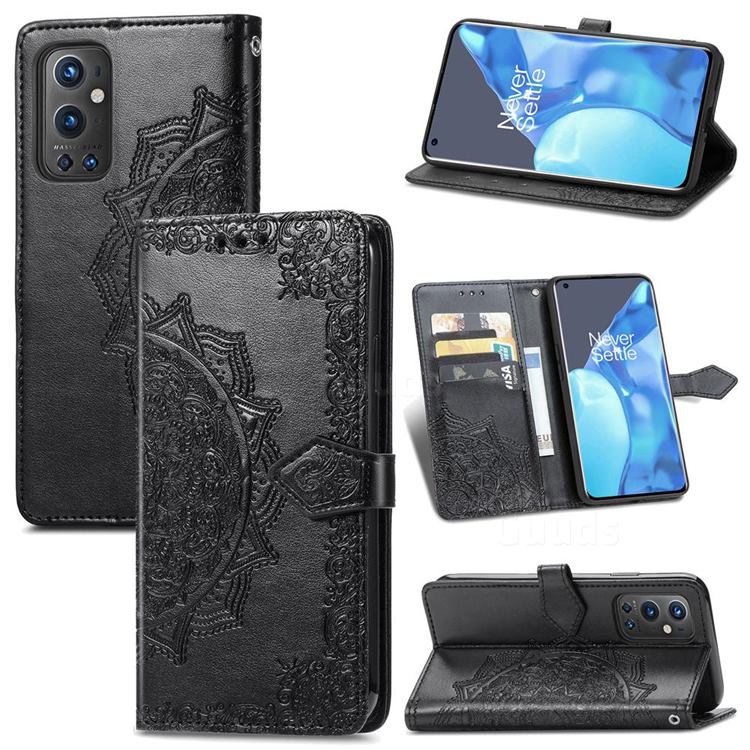 Embossing Imprint Mandala Flower Leather Wallet Case for OnePlus 9 Pro - Black