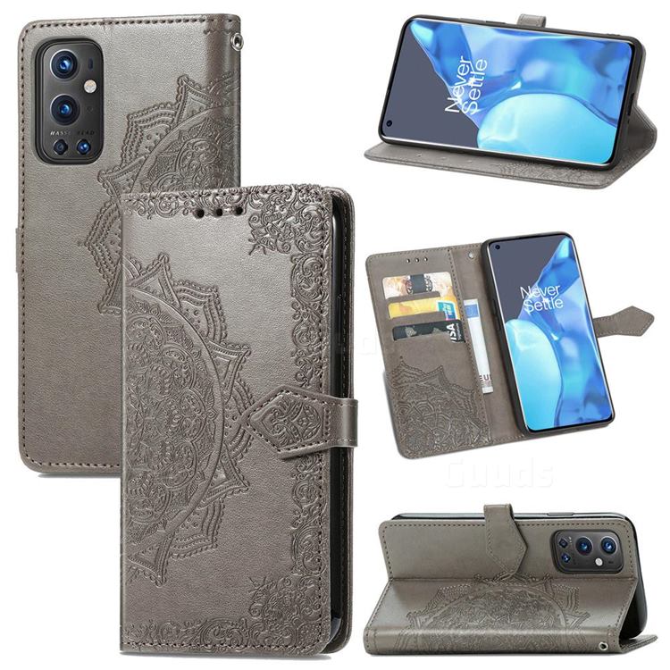 Embossing Imprint Mandala Flower Leather Wallet Case for OnePlus 9 Pro - Gray