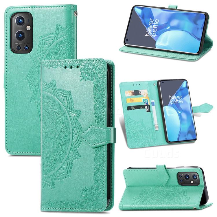 Embossing Imprint Mandala Flower Leather Wallet Case for OnePlus 9 Pro - Green