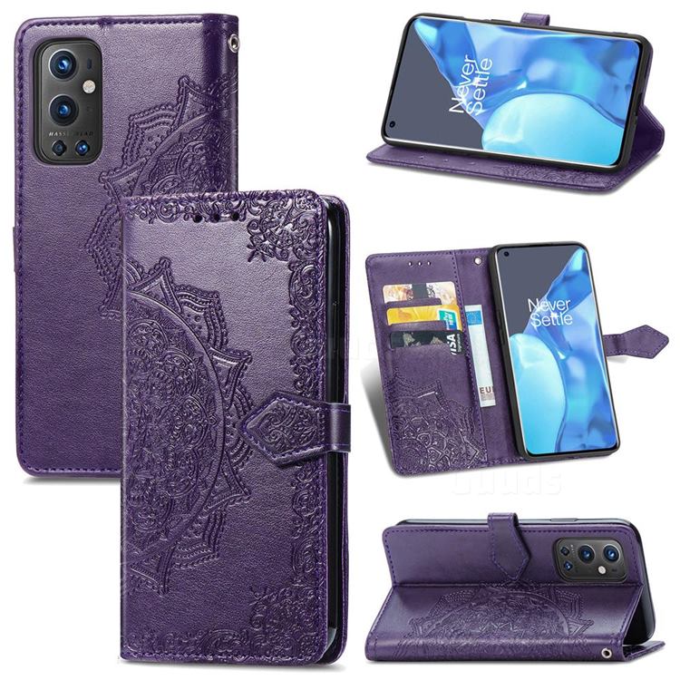 Embossing Imprint Mandala Flower Leather Wallet Case for OnePlus 9 Pro - Purple