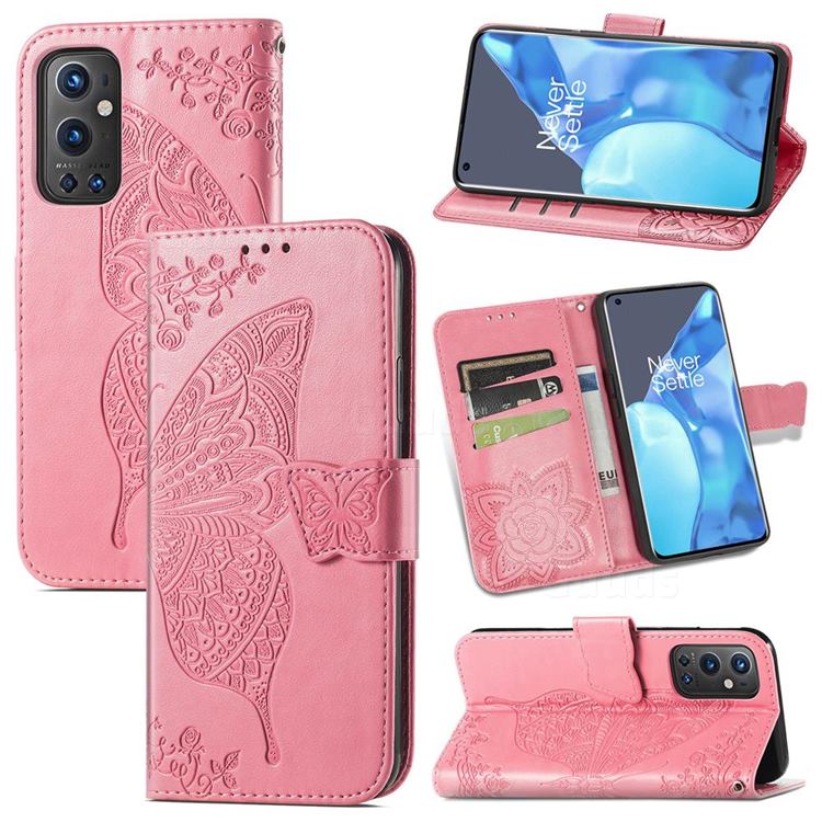 Embossing Mandala Flower Butterfly Leather Wallet Case for OnePlus 9 Pro - Pink