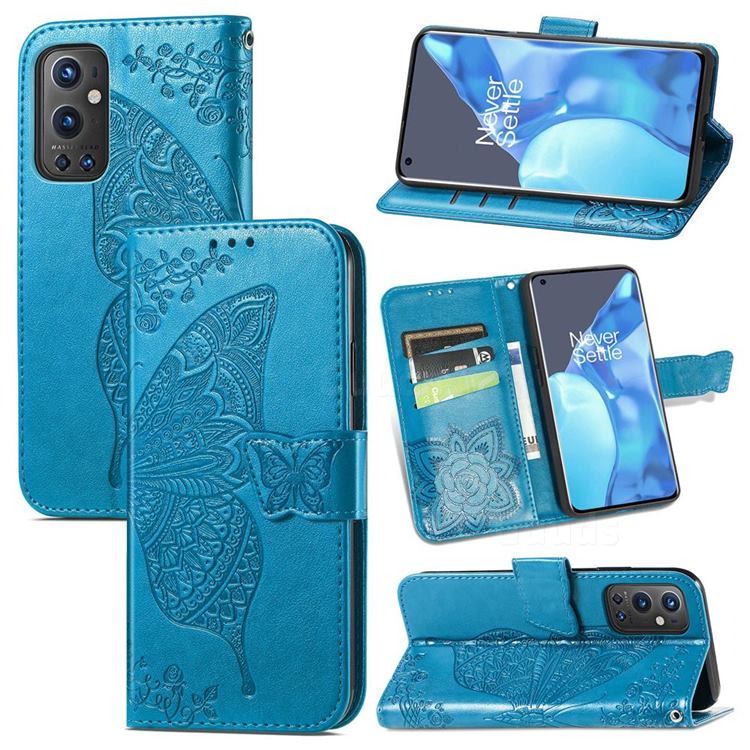 Embossing Mandala Flower Butterfly Leather Wallet Case for OnePlus 9 Pro - Blue