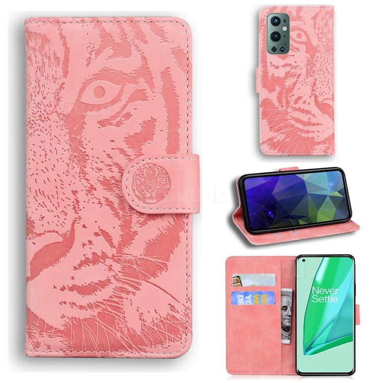 Intricate Embossing Tiger Face Leather Wallet Case for OnePlus 9 Pro - Pink