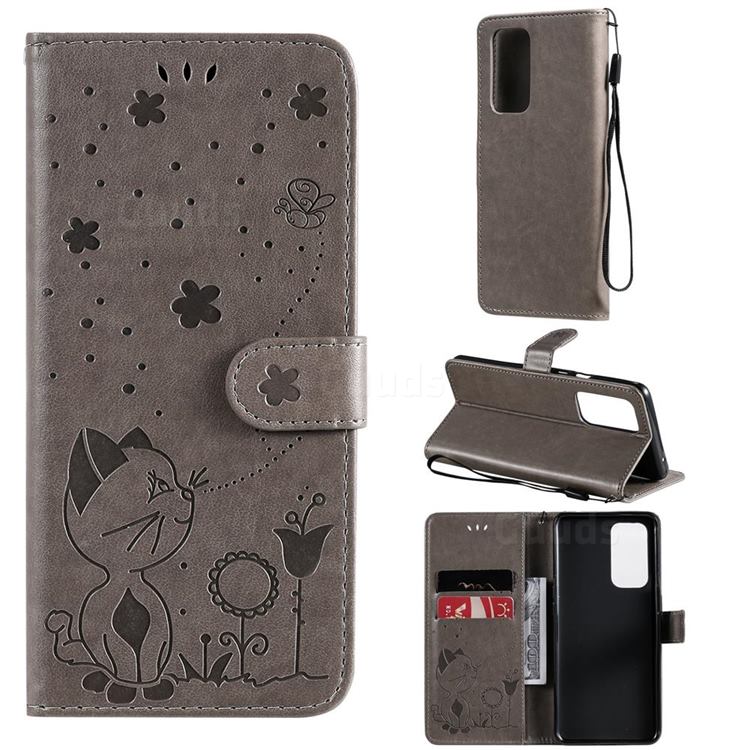 Embossing Bee and Cat Leather Wallet Case for OnePlus 9 Pro - Gray