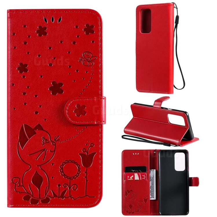 Embossing Bee and Cat Leather Wallet Case for OnePlus 9 Pro - Red